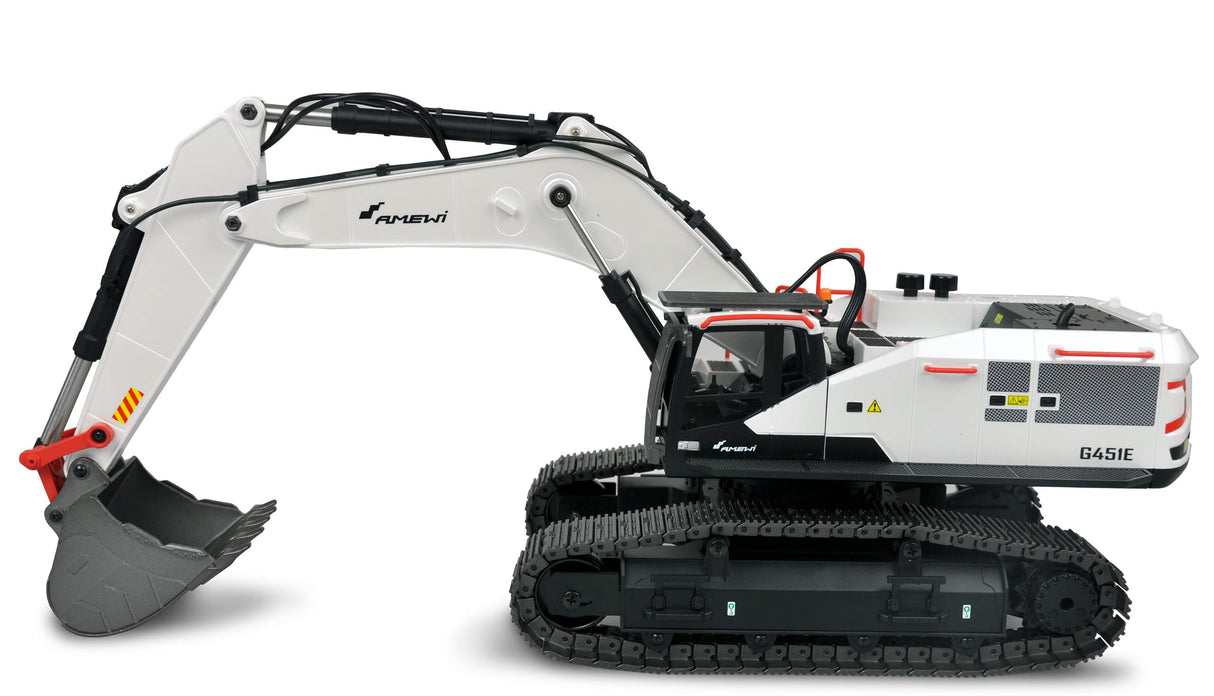 Amewi Excavadora G451E de Metal Parcial 1:14, RTR, Sonido, luz, Blanco RC Control Remoto