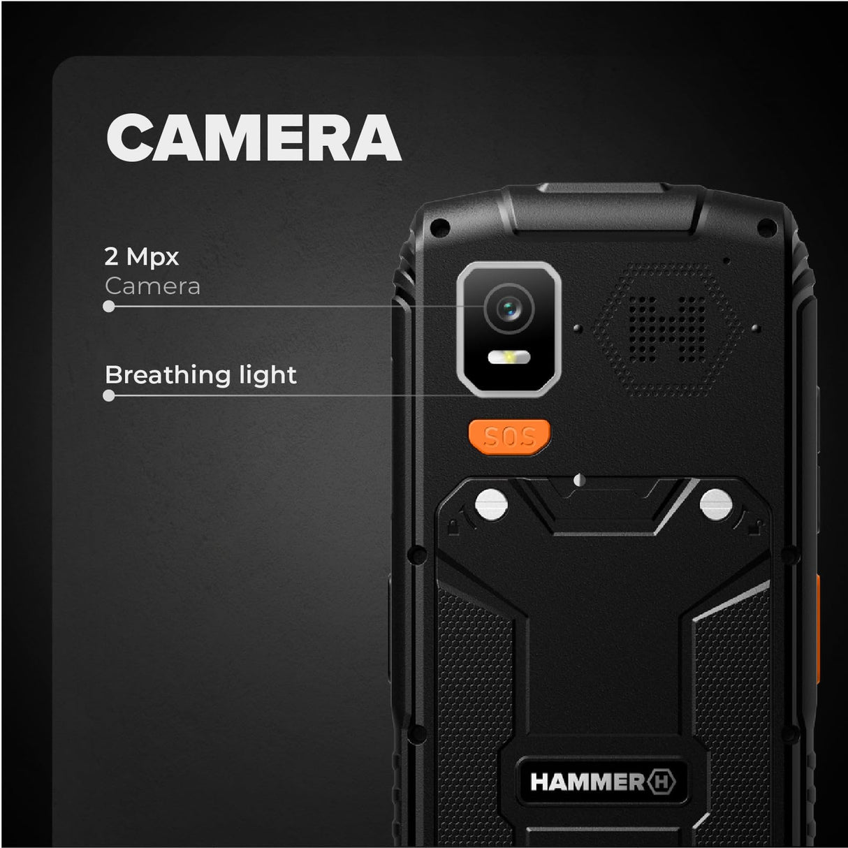 Hammer H Horizon LTE Móvil Irrompible, Batería 3000mAh, 64 GB, Pantalla IPS 2,8", Teclas Grandes, Botón SOS, Linterna, Cámara 2MP, Radio FM, USB-C, Dual SIM, IP68/MIL-STD-810H, Negro