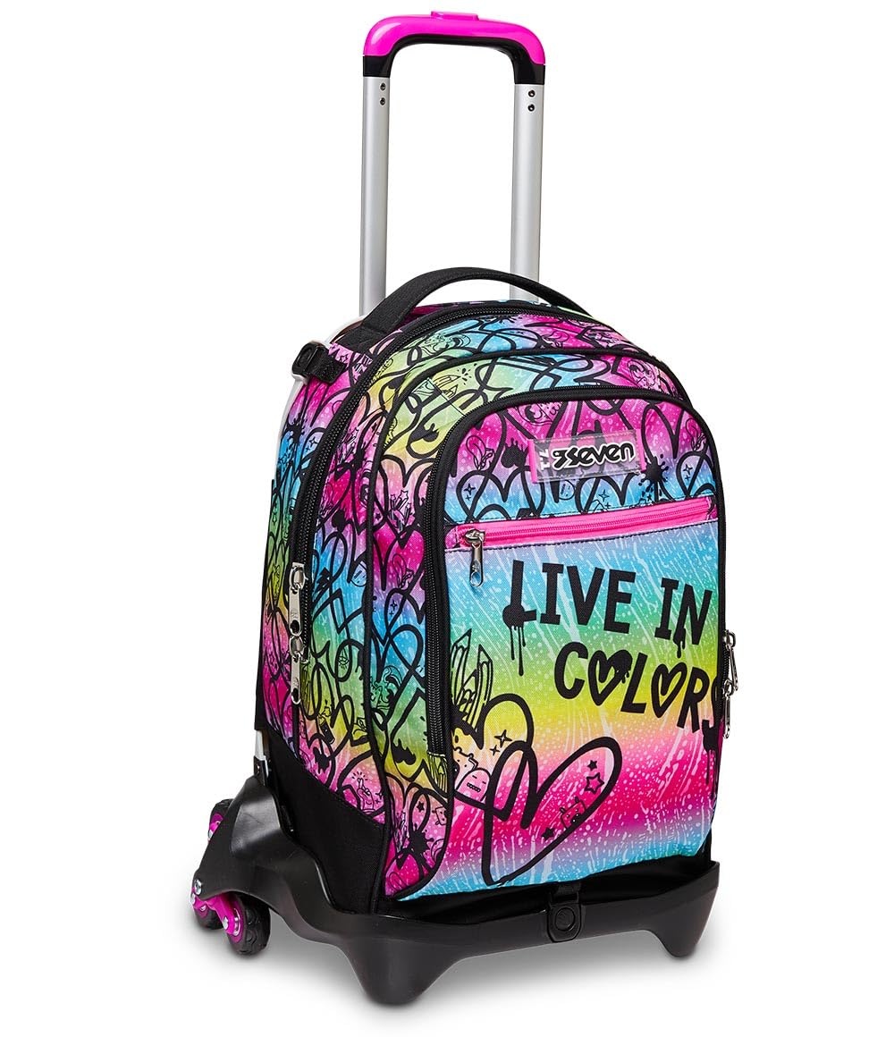 Seven Mochila con 3 Ruedas Trolley JACK-3WD - Colour Expression, Multicolor con Corazones - Mochila 3 en 1, Mochila Escolar con Carro, Crossover System - Bolso Escolar Niñas y Adolescentes