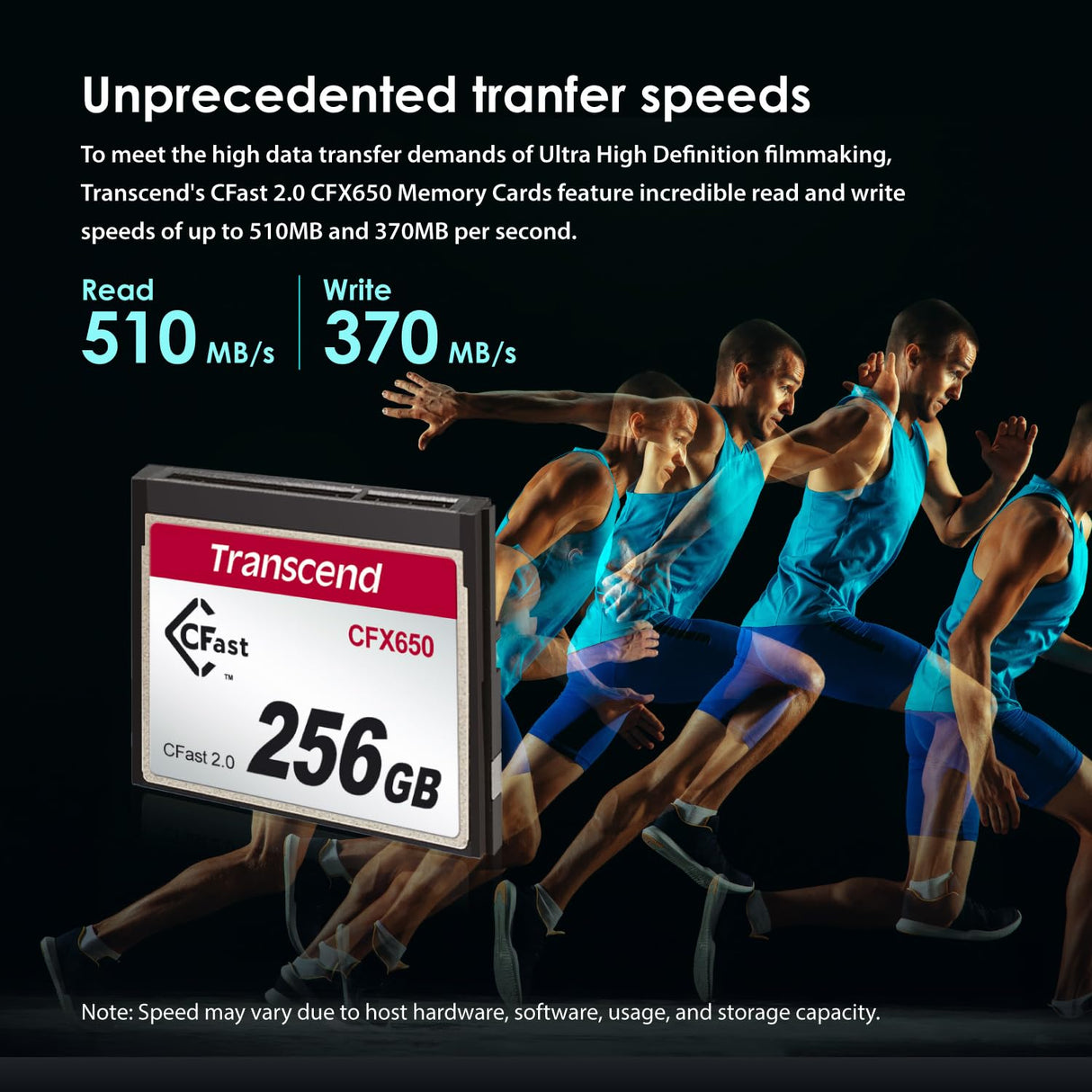 Transcend 128GB CFast 2.0 Memory Card CFX650 SATA III 6Gb/s, hasta 510/370 MB/s, MLC NAND Flash, diseñada para cinematografía en grabación de Video de Alta resolución, Full HD y 4K TS128GCFX650