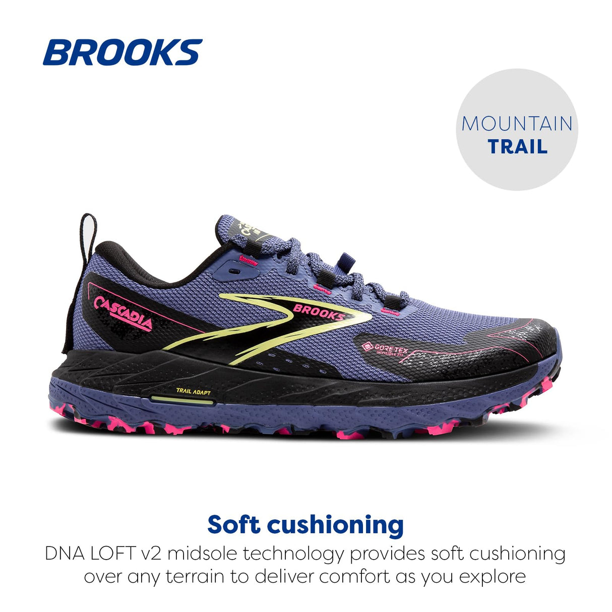 BROOKS Cascadia 18 GTX, Sneaker Mujer, Gris Azul/Negro/Rosa, 38 EU
