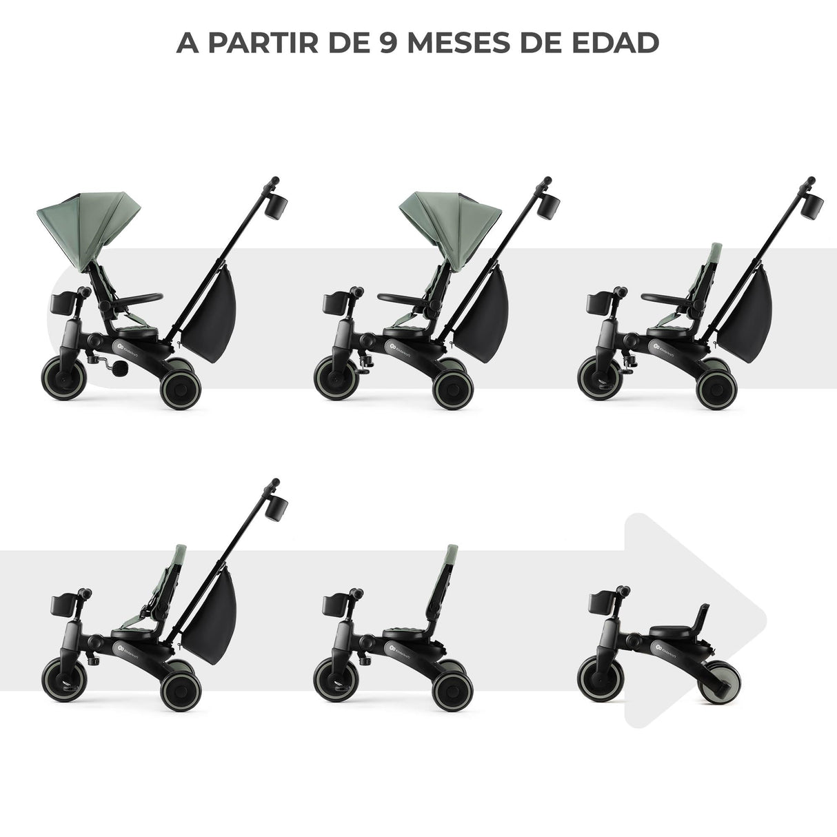 Kinderkraft JAZZ2 Triciclo 6 en 1, con función de Rueda para niños, Cochecito Plegable con Accesorios, protección UV UPF50+, de 9 Meses a 5 años, Verde