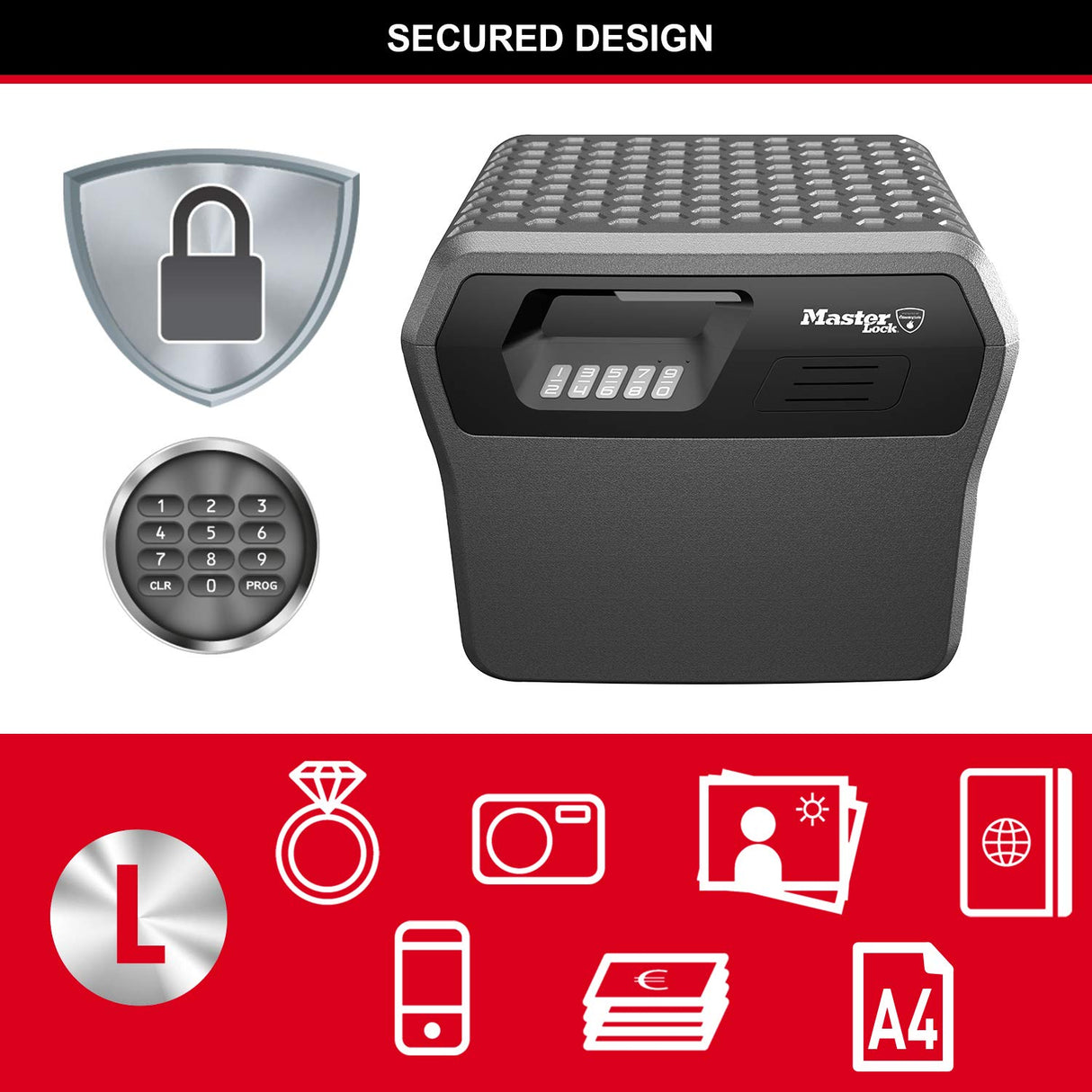 Master Lock FHW40300EURHRO Caja Fuerte Portatil Ignifuga y Impermeable Combinación Xlarge 18.5 L Adecuada para A4 Documentos, Dispositivos Electrónicos, Soporte Multimedia, Pequeños