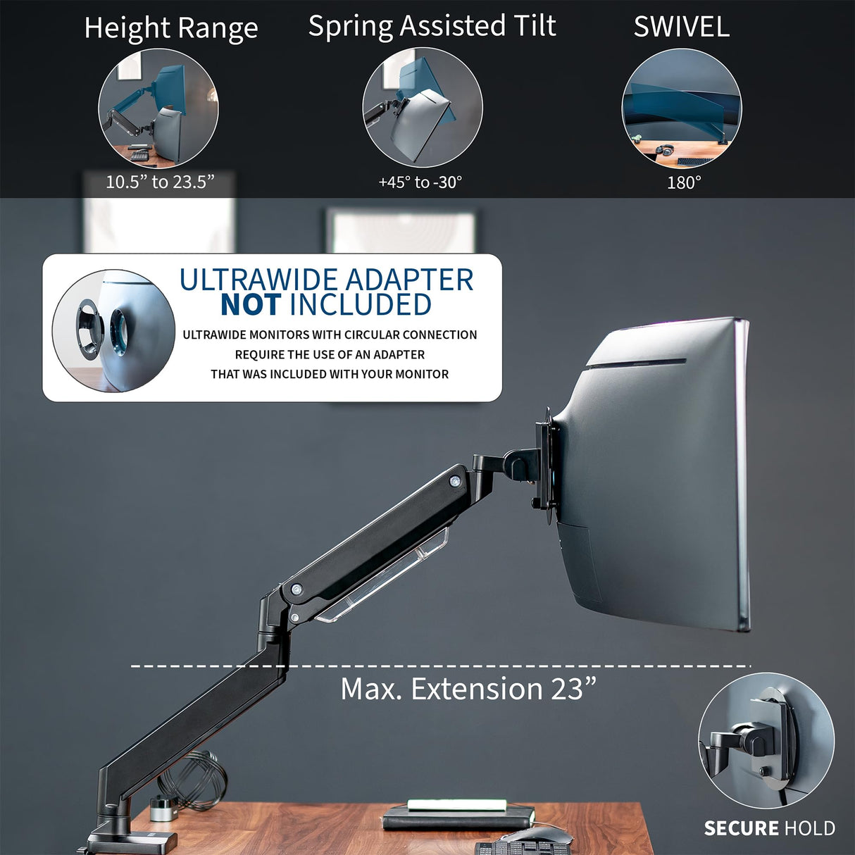 VIVO Brazo de Monitor de Aluminio monitores ultraanchos de hasta 49 Pulgadas y 33 Libras, Soporte de Montaje de Escritorio único, Altura neumática, VESA máxima 100 x 100, Negro,