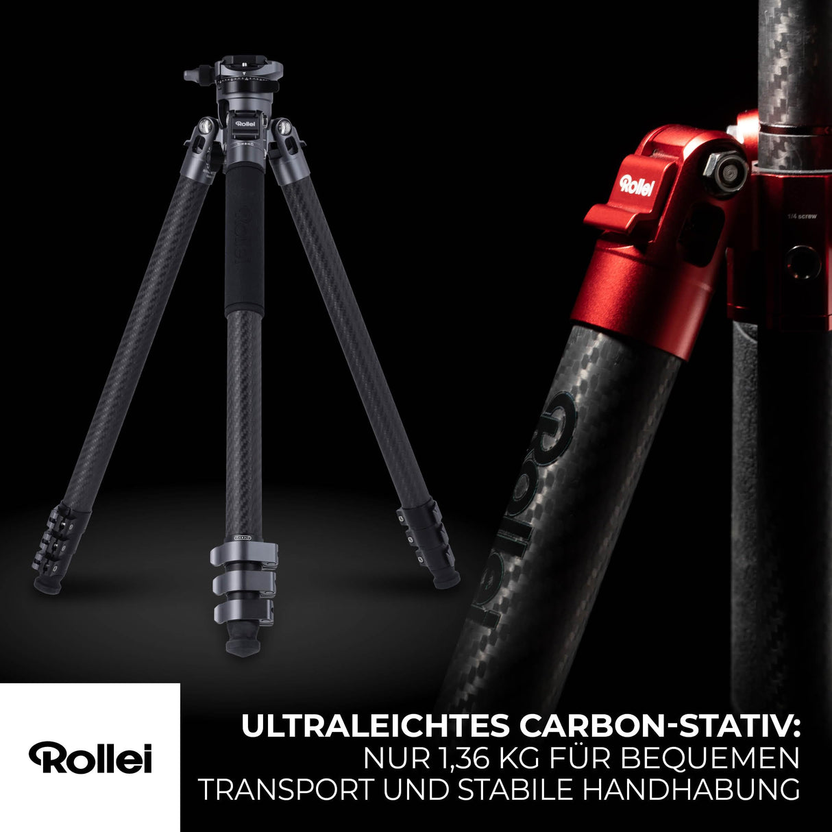 Rollei Trípode de Carbono Easy Traveler XL – 10 kg de Capacidad de Carga, construcción Estable, Ultraligero, Compacto, función de Bloqueo sin Esfuerzo