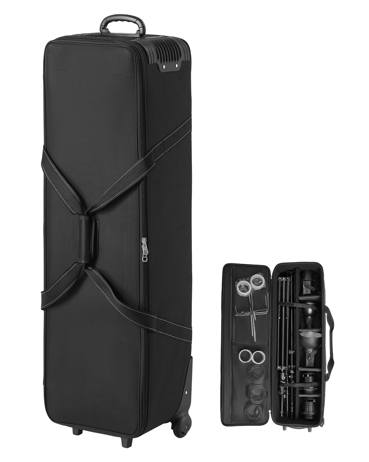 VEVOR Estuche con Ruedas para Equipo de Estudio 118 x 37 x 30 cm, Bolsa con Ruedas para Cámara, Correas, Asa Acolchada en el Compartimento para Soportes de Iluminación, Trípodes y Telescopios, Negro