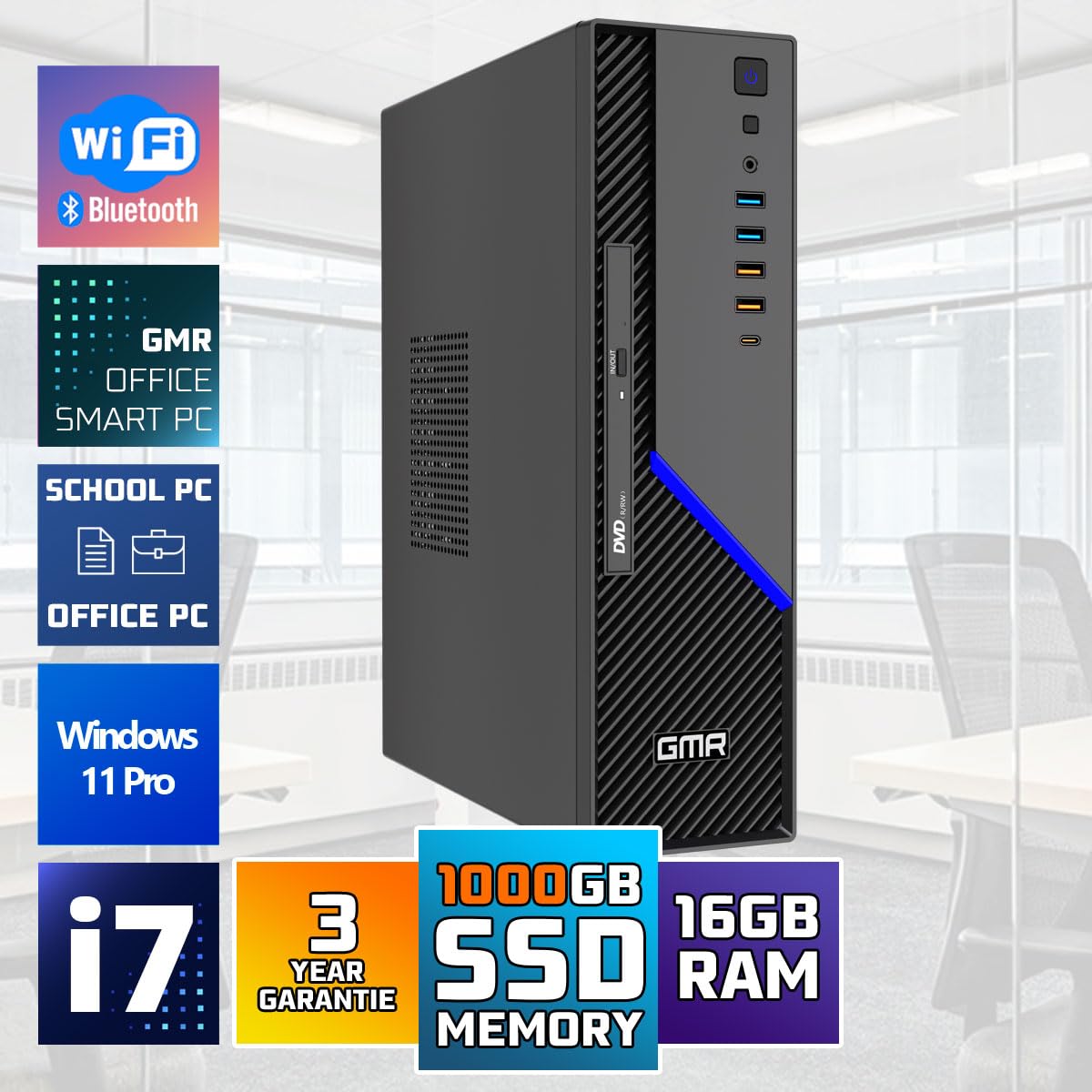 GMR Ultra SFF i7 Office PC - Ordenador de Oficina para Empresas | 3 Años de Garantía | 16 GB de RAM | SSD M.2 de 1000 GB | USB 3 | Windows 11 Pro | WiFi-Bluetooth