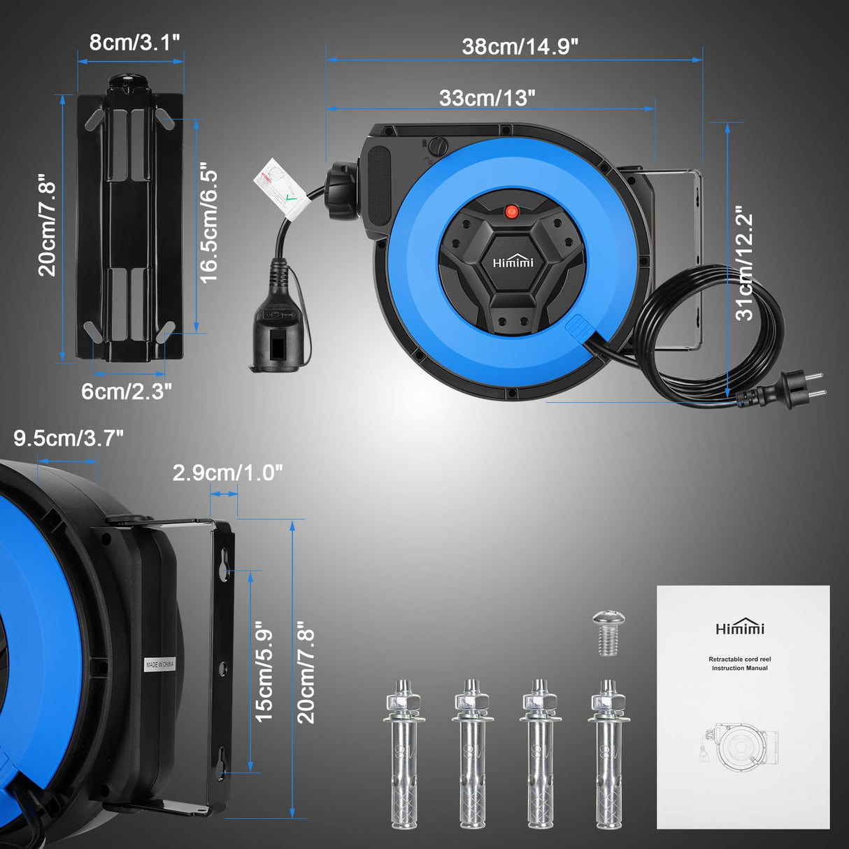 Enrollador de cable automático con soporte profesional 15 m + 2m| Enrollador retráctil montado pared y techo | 1500 W ~ 3000 W| carretes de cable automática | Giratorio 180° | Nivel de protección IP44