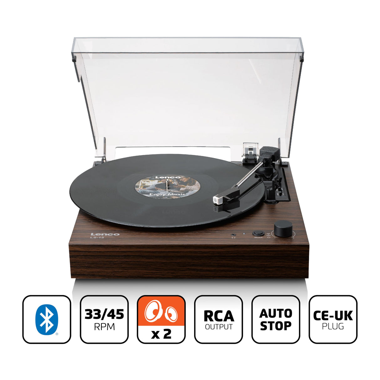 Lenco Tocadiscos LS-15WD – Recepción y transmisión Bluetooth®, 2 altavoces integrados, pastillas AT3600L, transmisión por correa, parada automática, 33/45 rpm, AUX y RCA, marrón