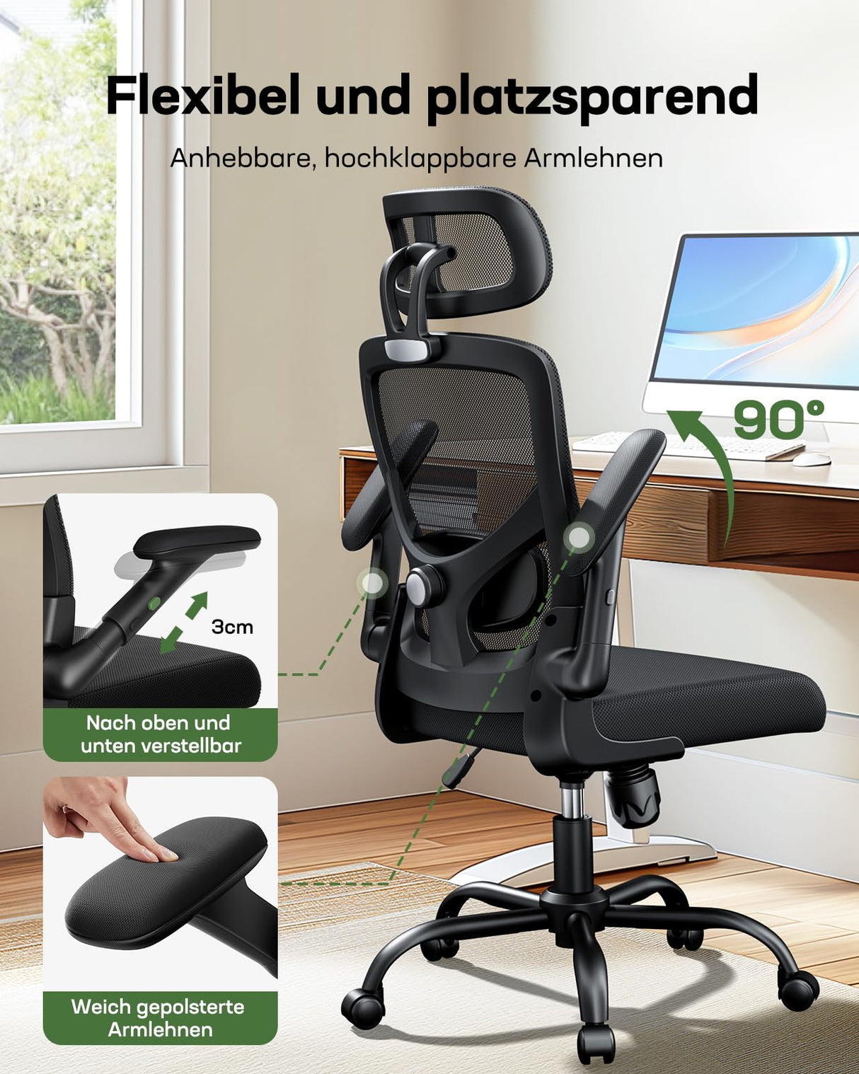 Marsail Silla de Oficina ergonómica con Soporte Lumbar Ajustable, reposacabezas y reposabrazos, Altura Regulable y función basculante