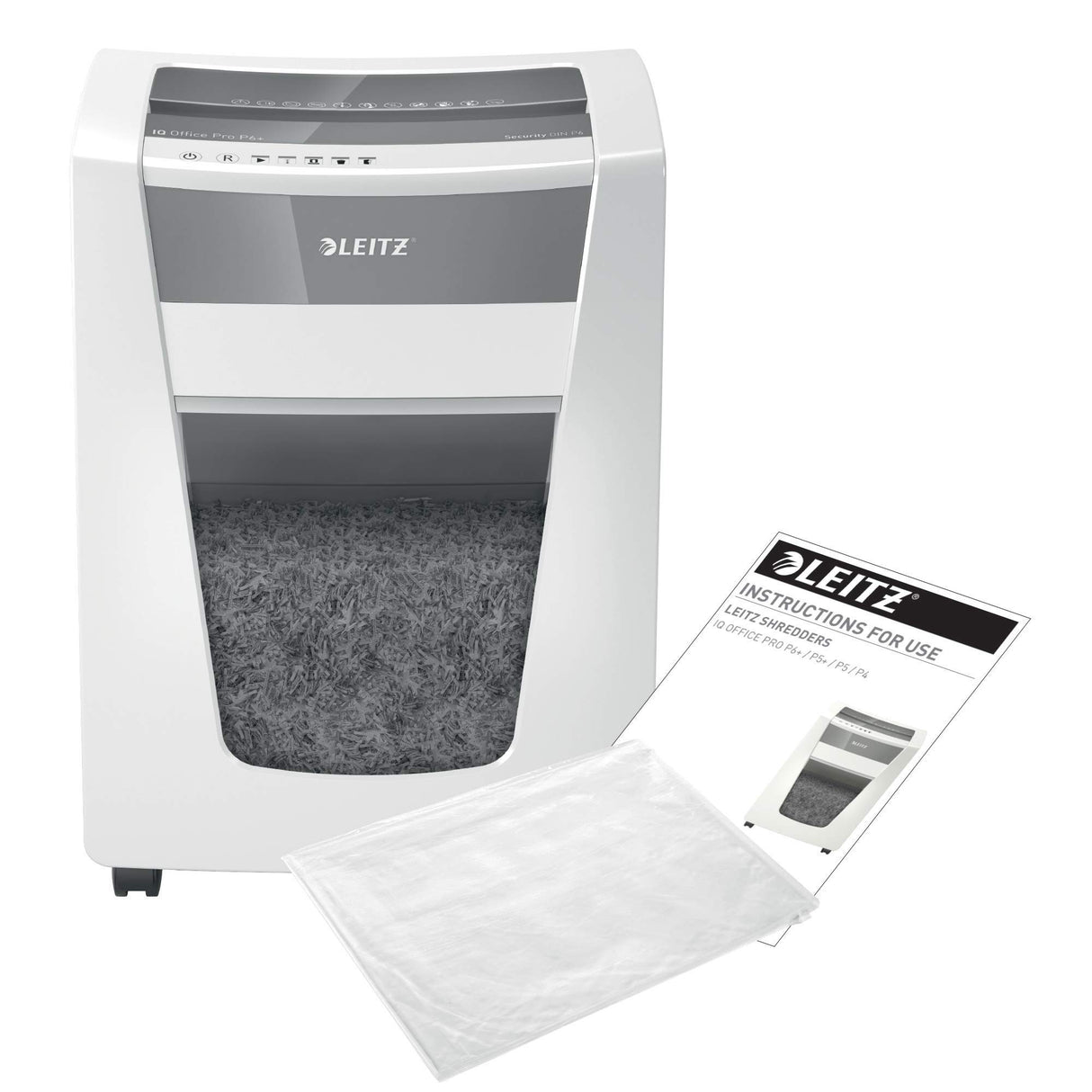 Leitz Destructora IQ Office Pro P6+ - Destructora de papel de corte supermicro, destruye 6-5 hojas a la vez (70-80 gms), papelera de 30 l, blanco/plata, 80100000
