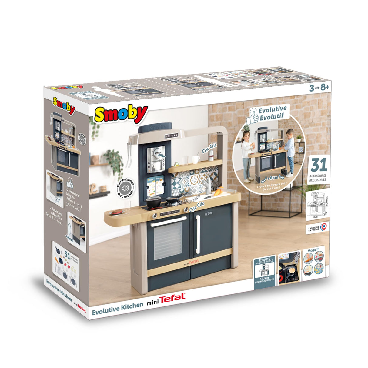 Smoby- Cocina Infantil Evolutiva con Sonidos, Encimera Elevable hasta 8cm Extra, 31 Accesorios, 4 Electrodomésticos, Juguete Niños Niñas A Partir de 3 años (7600312308)