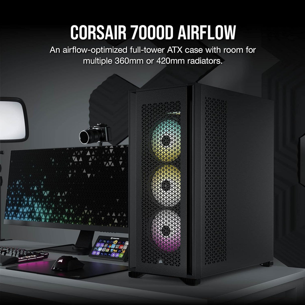 Corsair 7000D AIRFLOW Chasis para PC ATX Full-Tower, Panel Frontal con Un Caudal de Aire Elevado, Tres Ventiladores de 140 mm Incluidos con Repetidor PWM, Espacioso Interior, Negro