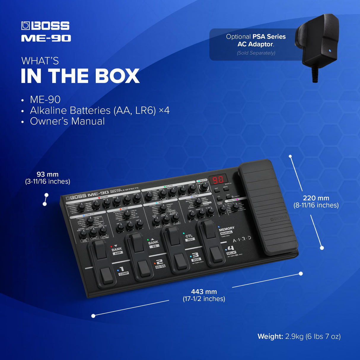 Multiefectos de guitarra BOSS ME-90 | Procesador de guitarra todo en uno | 11 modelos de ampli AIRD integrados | 60 efectos procedentes del GT-1000 | 8 conmutadores de pedal multifunción