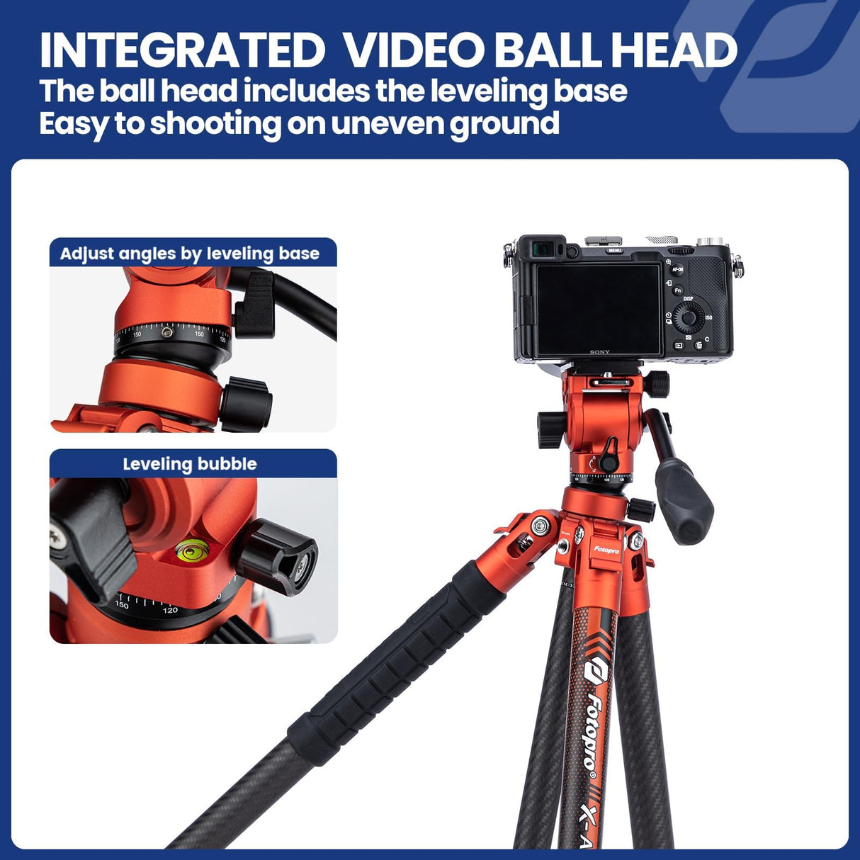 Fotopro X-Aircross 3 Lite Video - Trípode ligero para cámara de viaje de 64 pulgadas con cabeza fluida, trípode de fibra de carbono portátil de 2.2 libras para cámara réflex digital, carga de hasta 22