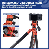 Fotopro X-Aircross 3 Lite Video - Trípode ligero para cámara de viaje de 64 pulgadas con cabeza fluida, trípode de fibra de carbono portátil de 2.2 libras para cámara réflex digital, carga de hasta 22