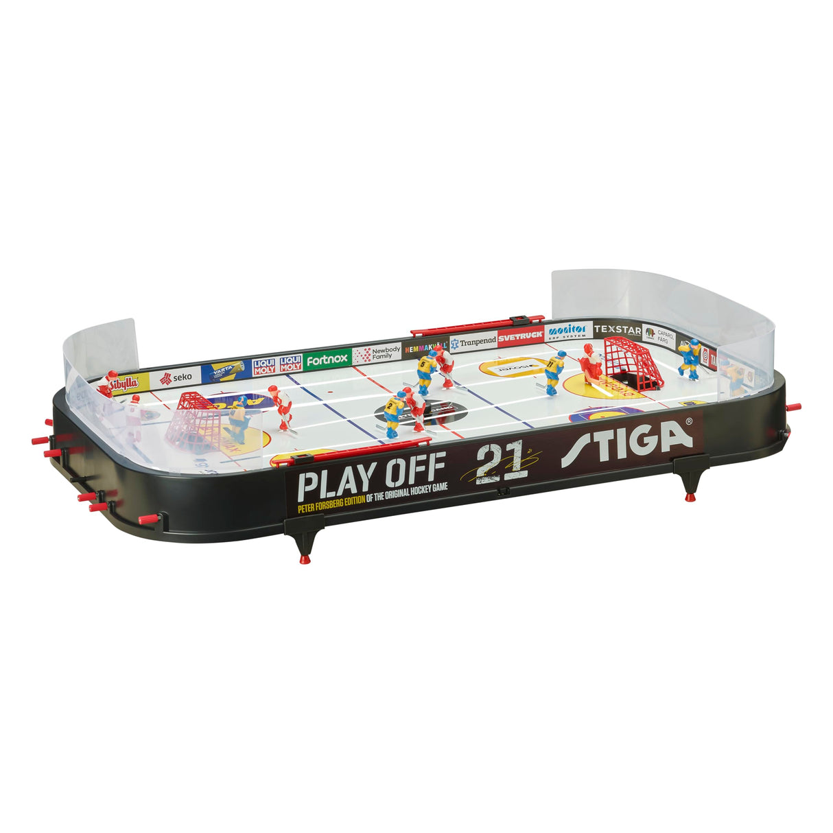 STIGA Play Off 21 Juego de Hockey sobre Hielo - Versión Actualizada con Peter Foppa Forsberg, Fácil Montaje, Lámina de Hielo 25% Más Gruesa, Contador de Goles y Discos Personalizados, 96x50 cm