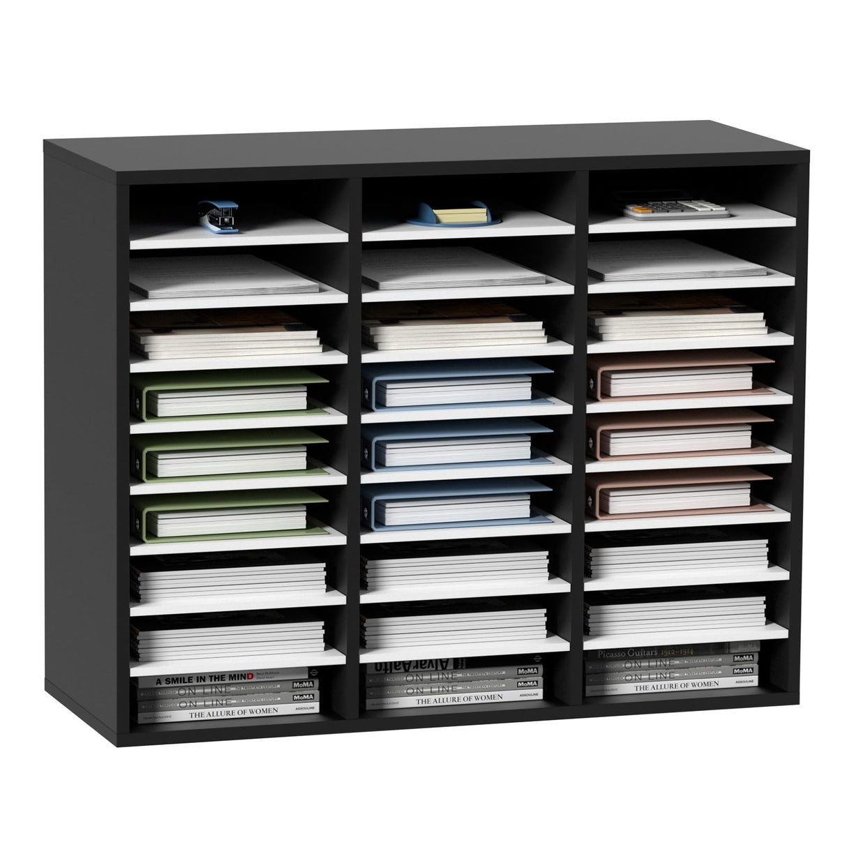 VEVOR Organizador de Literatura de Madera de 27 Ranuras de 800x305x630 mm, Estantes Ajustables de Tablero de Fibra de Densidad Media, Almacenamiento para Archivos, Documentos, Papeles, Negro y Blanco