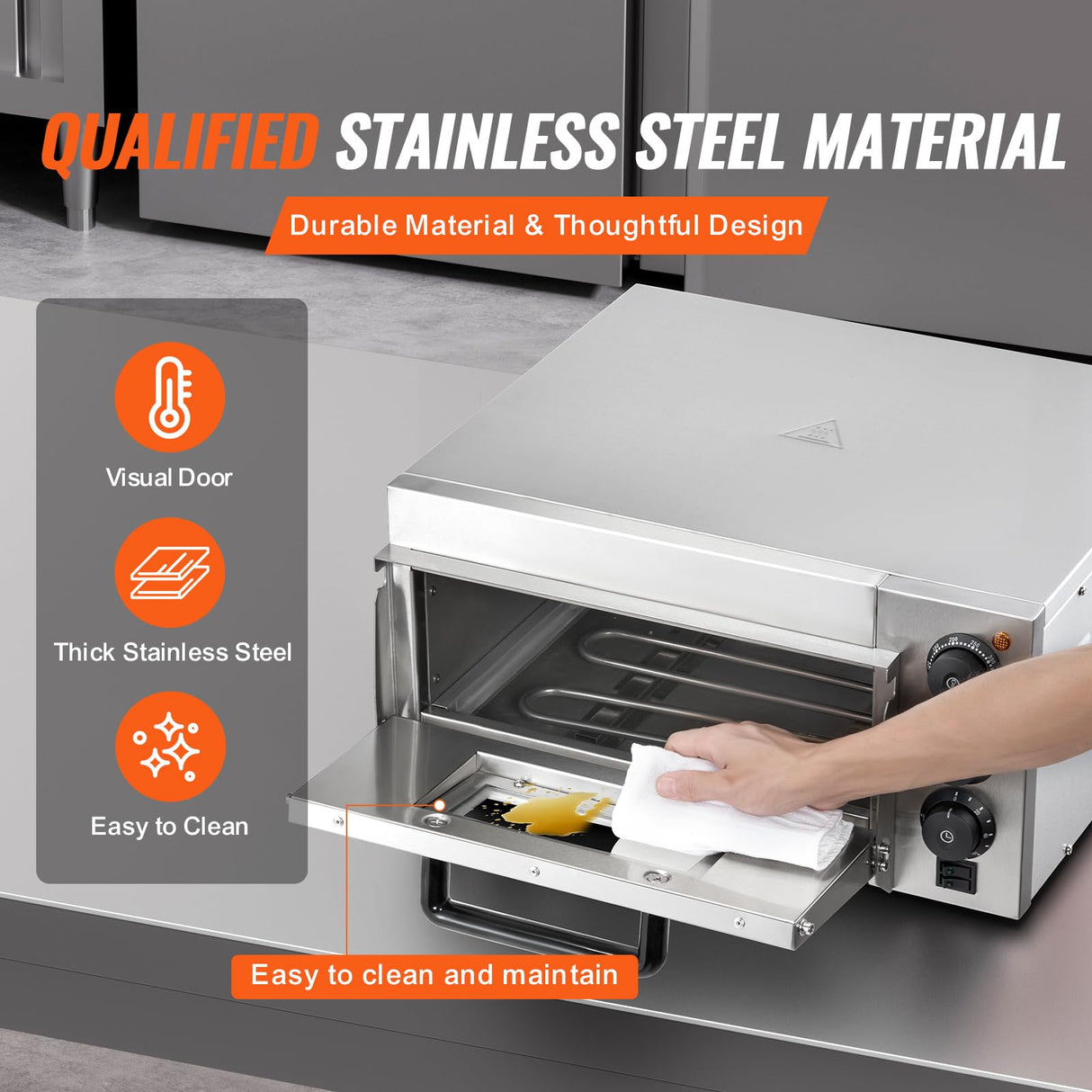 VEVOR Horno de Pizza Comercial Eléctrico de Encimera de Una Sola Capa, Acero Inoxidable con Piedra y Mango, Multiusos para Interiores para Restaurantes, Pretzels Horneados en Casa, 517 x 470 x 266 mm