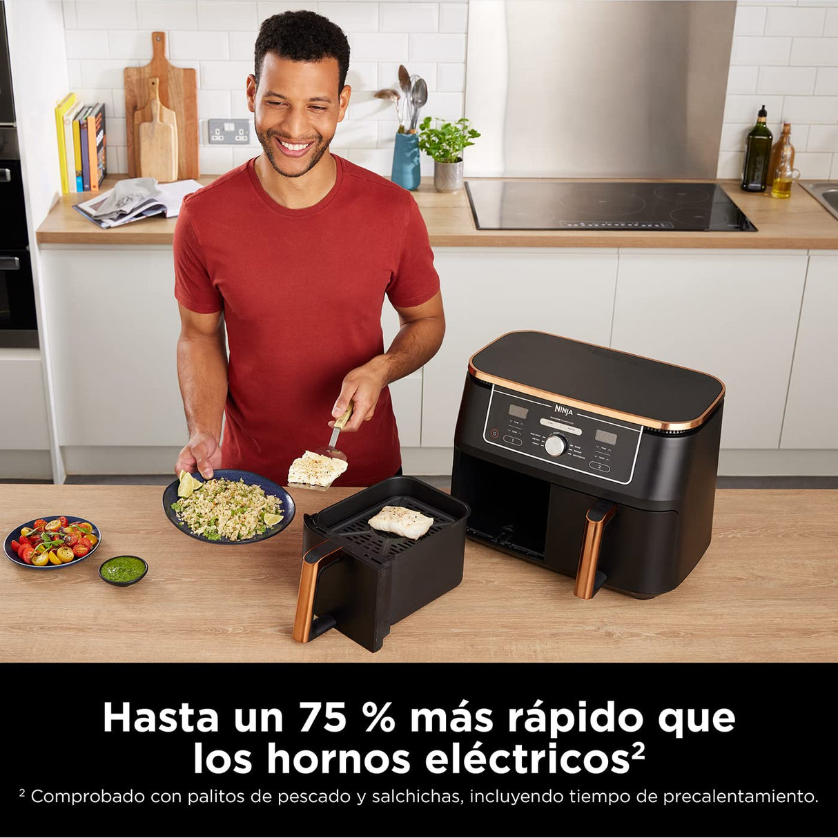 Ninja Freidora de aire Foodi MAX [AF400EUCP] doble compartimento, 9,5 l de capacidad, 2 cajones, 6 funciones, cobre