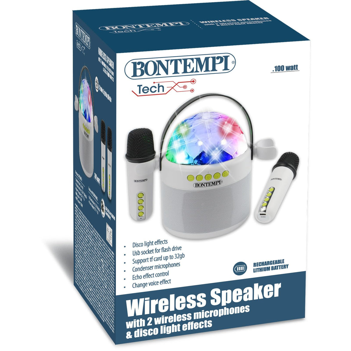 Bontempi | Altavoz Inalámbrico con Doble Micrófono y Luces LED de Discoteca, 18,5x17x12 cm