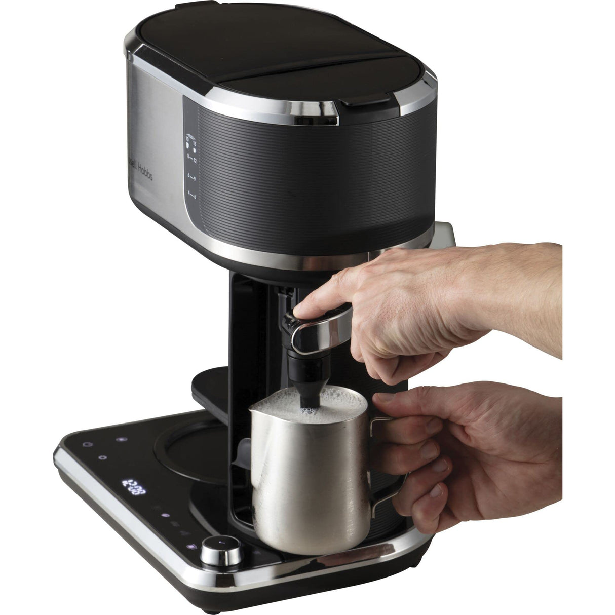 Russell Hobbs Cafetera de Goteo Attentiv, Jarra Cristal 1,25L, Filtro Extraíble, Táctil, Dispensación Automática, Vaporizador Leche, Cuchara Medidora, Programable, Acero Inoxidable, Plata - 26230-56
