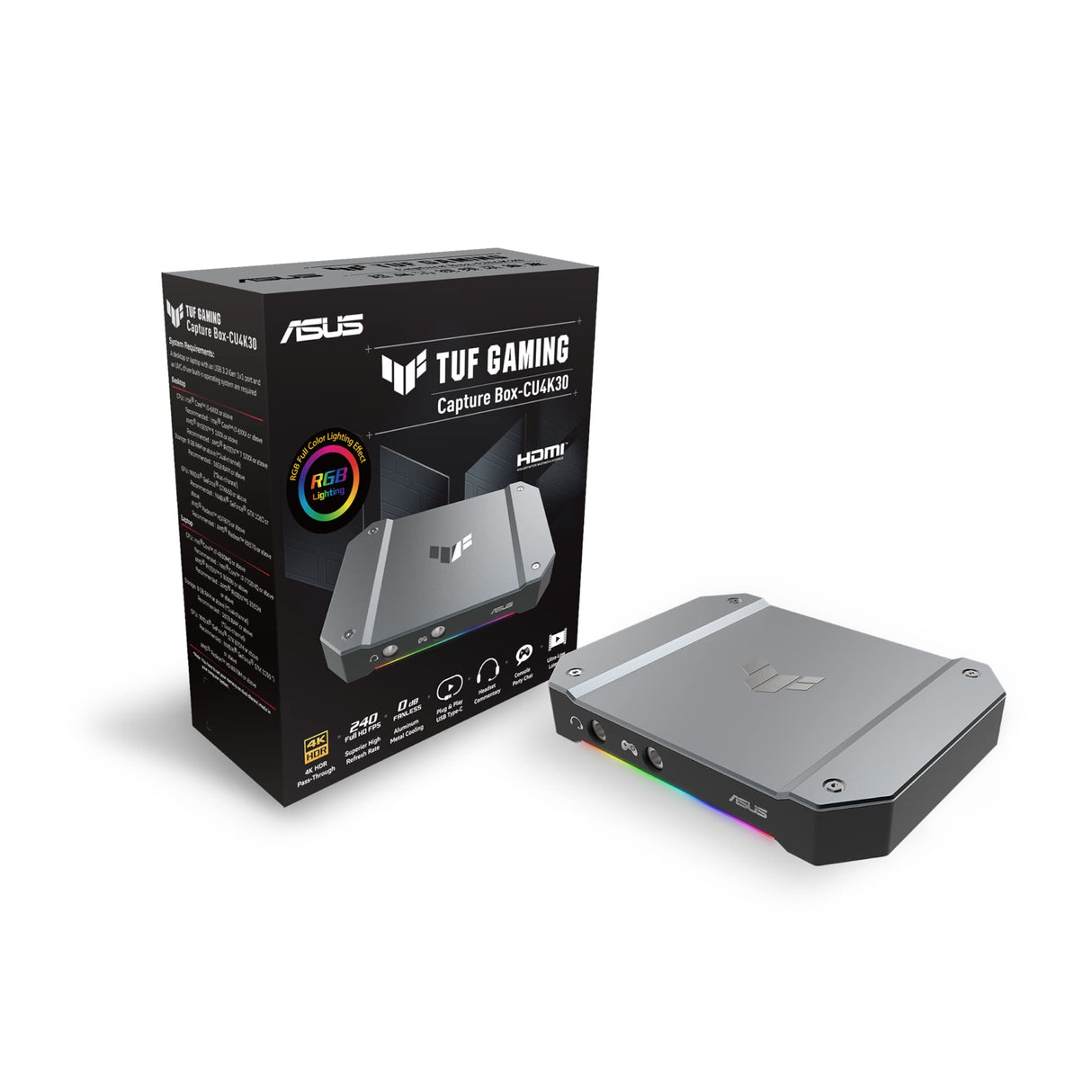 ASUS TUF Gaming Capture Card CU4K30 (4K60 HDR de Paso, Captura 4K30, USB C 3.2, entradas de Audio/Controlador, Certificación OBS, Latencia ultrabaja, PS4 / PS4 Pro / PS5, Xbox One/Series X/S)