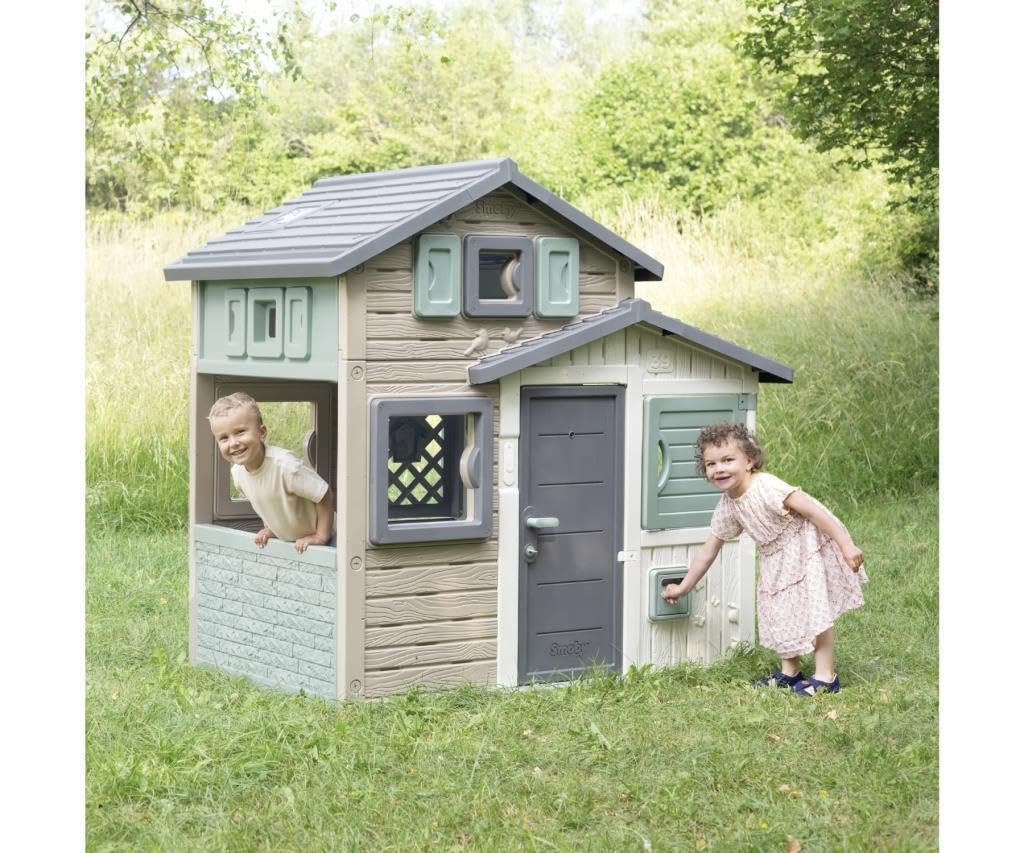 Smoby- Casita Infantil EVO Friends House Smoby Life- Extra Espaciosa, Material Reciclado (50%), Puerta de Entrada, contraventanas, Resistente a los Rayos UV, A Partir de 2 años (7600810205)