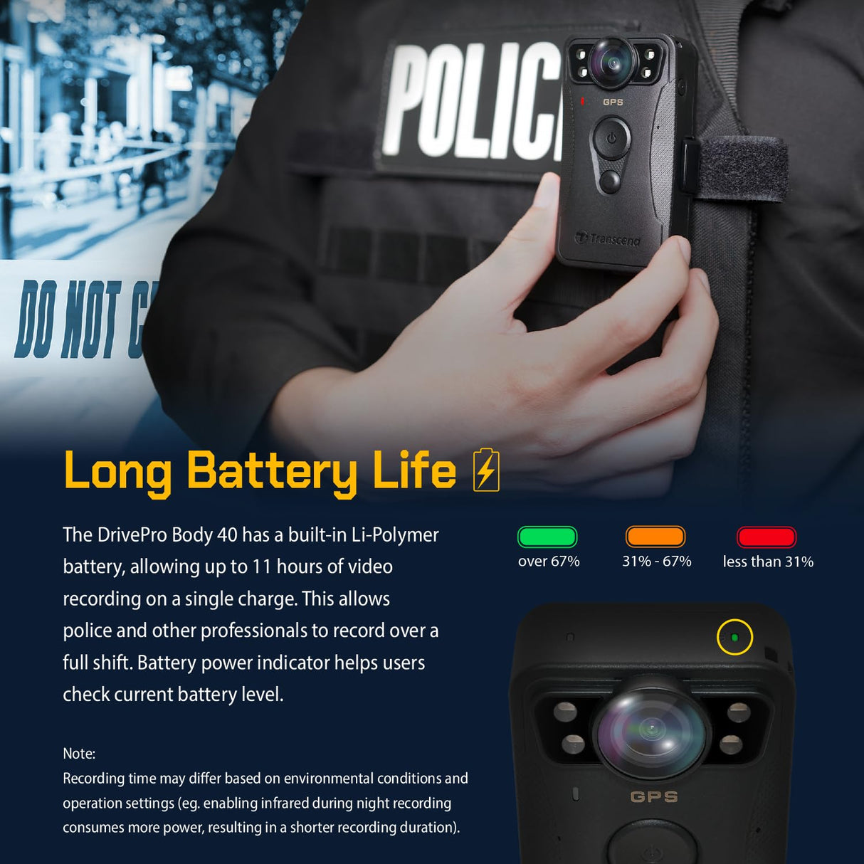 Transcend 128GB 1440P QHD Police Body Camera STARVIS 2 Sensor IP68 Weatherproof Body Worn Camera con estabilización de Imagen electrónica, visión Nocturna GPS TS128GDPB40A