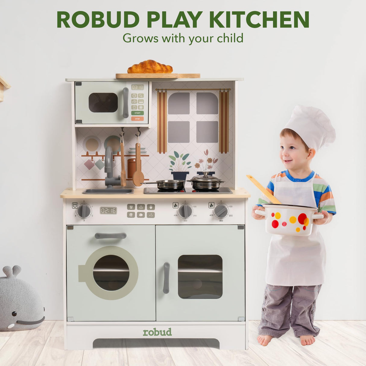 ROBUD Cocinas de Juegos de Madera, Cocina Infantil con Accesorios, Apta para niños a Partir de 3 años, Montessori