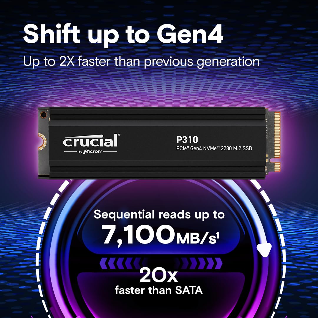 Crucial P310 SSD 2TB PCIe Gen4 NVMe M.2 PS5 SSD Interno Gaming con Disipador, Hasta 7100 MB/s, Compatible con PlayStation 5, Ordenador Portátil y de Sobremesa, Disco Duro SSD - CT2000P310SSD5-01