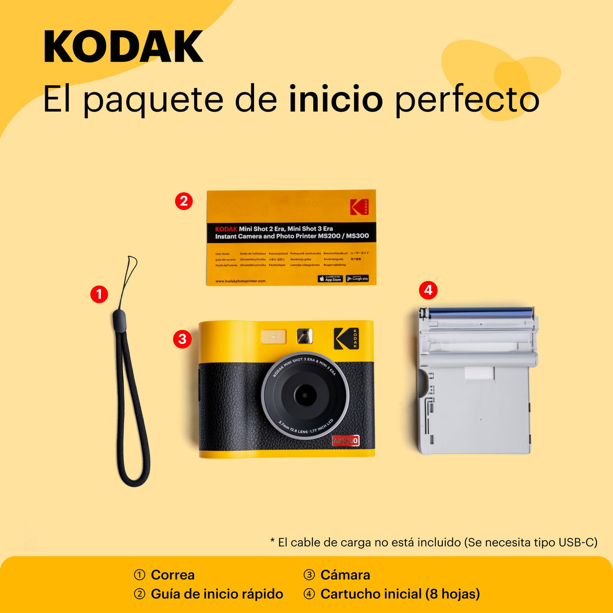 KODAK Mini Shot 3 ERA 4PASS - Cámara instantánea 2 en 1 e Impresora de Fotos (7,6 x 7,6 cm, 8 Hojas), Color Amarillo