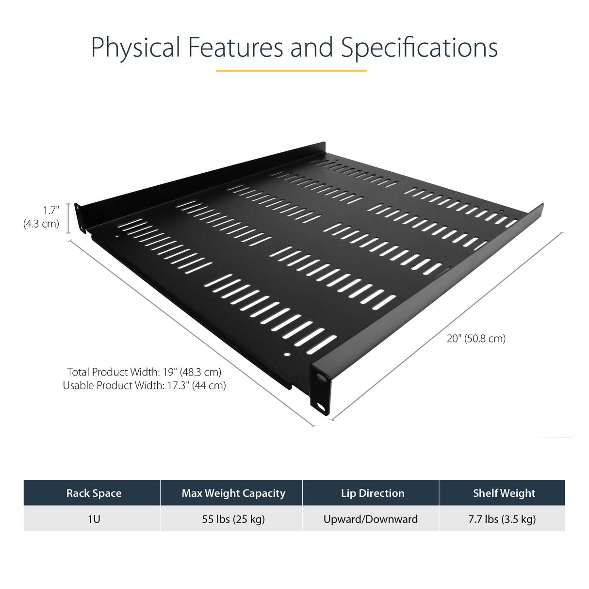 StarTech.com Estante Ventilado 1U para Armario Rack de Servidores, Bandeja Universal Voladiza para Montaje en Rack de 19", Capacidad de 25kg, de 20" de Profundidad, SHELF-1U-20-FIXED-V