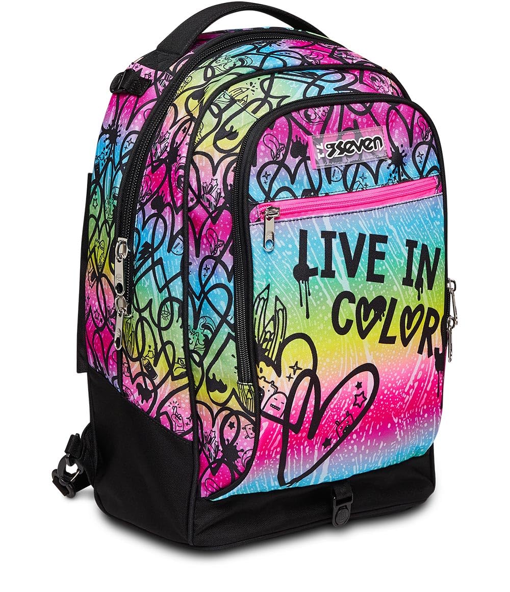 Seven Mochila con 3 Ruedas Trolley JACK-3WD - Colour Expression, Multicolor con Corazones - Mochila 3 en 1, Mochila Escolar con Carro, Crossover System - Bolso Escolar Niñas y Adolescentes
