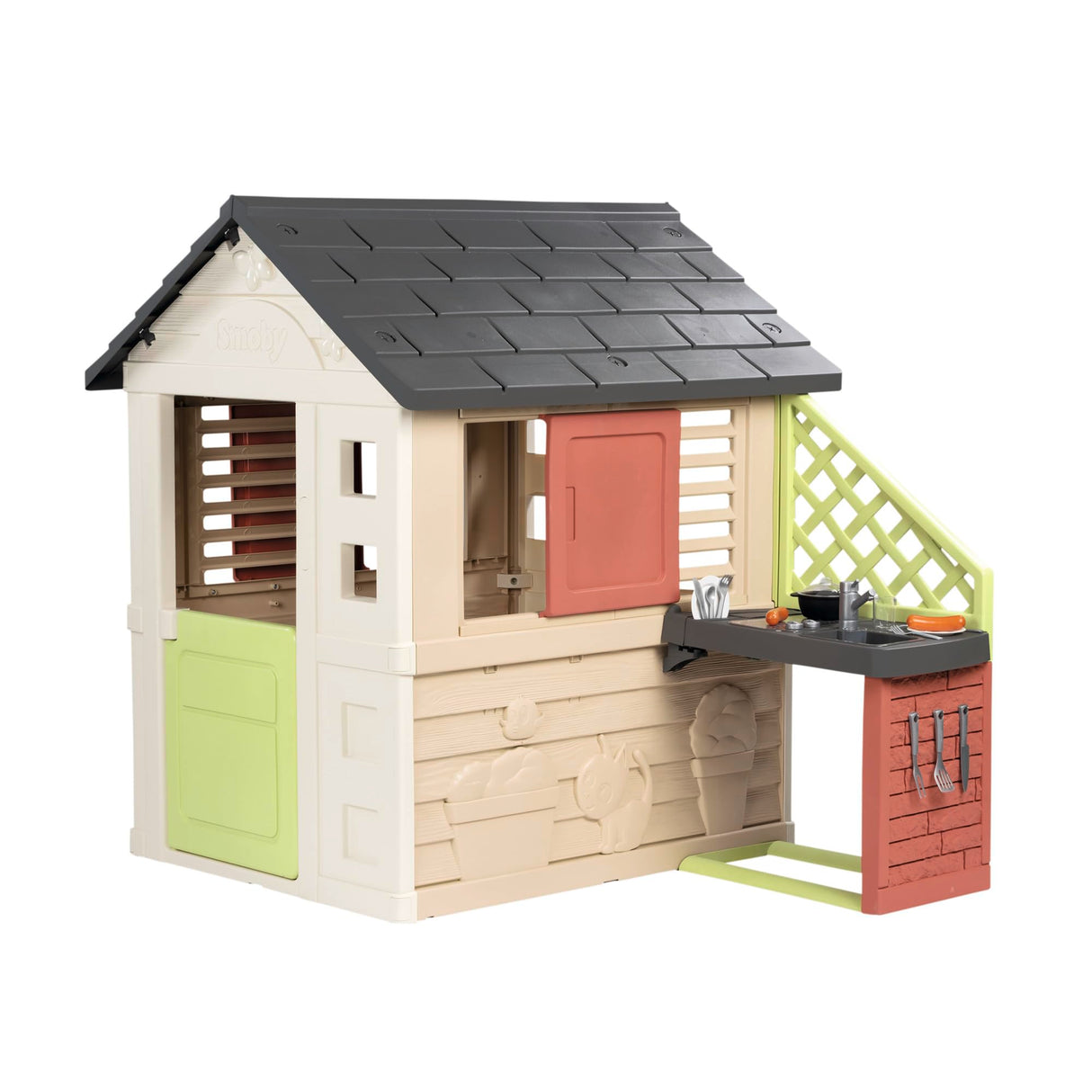 Smoby Life Casa Nature con Cocina de Juguete - Casita Infantil Interior y Exterior - Material Reciclado UV Resistente - A Partir 2 años - Cocina y Accesorios Incluidos - (7600810739)