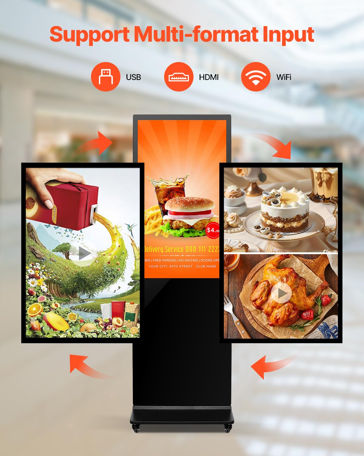 VEVOR Tope digital para clientes, pantalla publicitaria (tamaño de pantalla de 109 cm), pantalla LCD UHD de 2 K, 2 GB de RAM y 32 GB de ROM, pantalla de pie con WiFi, entrada HDMI/USB, pantalla táctil
