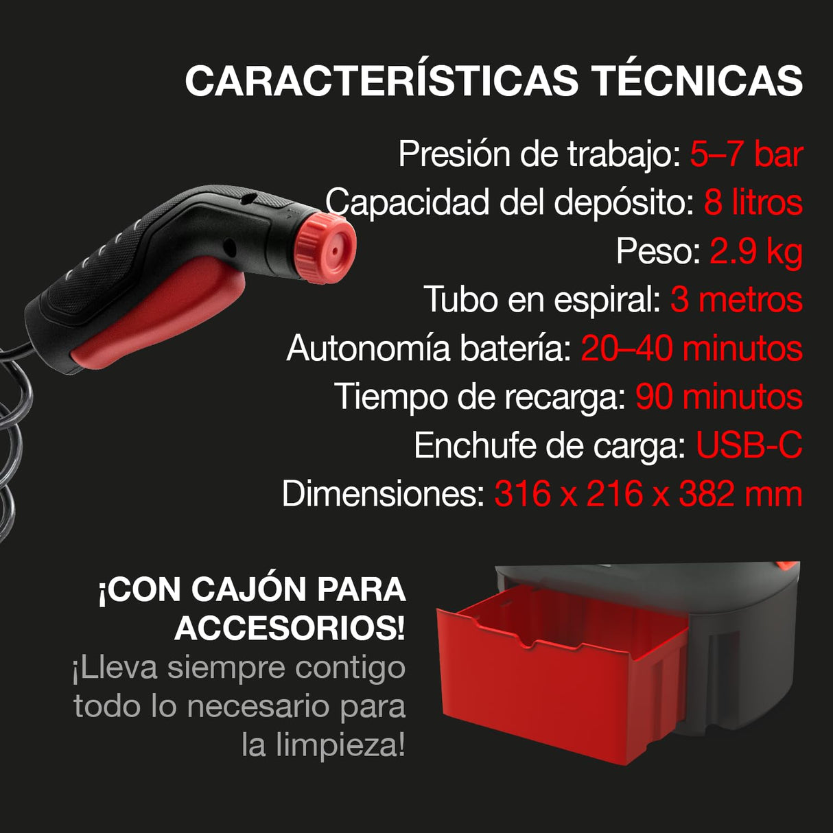 ERRECOM JET GUN PRO+, Hidrolimpiadora portátil con batería, cajón para accesorios, depósito de agua de 8 L y tubo en espiral de 3 m, Peso 2,9 kg