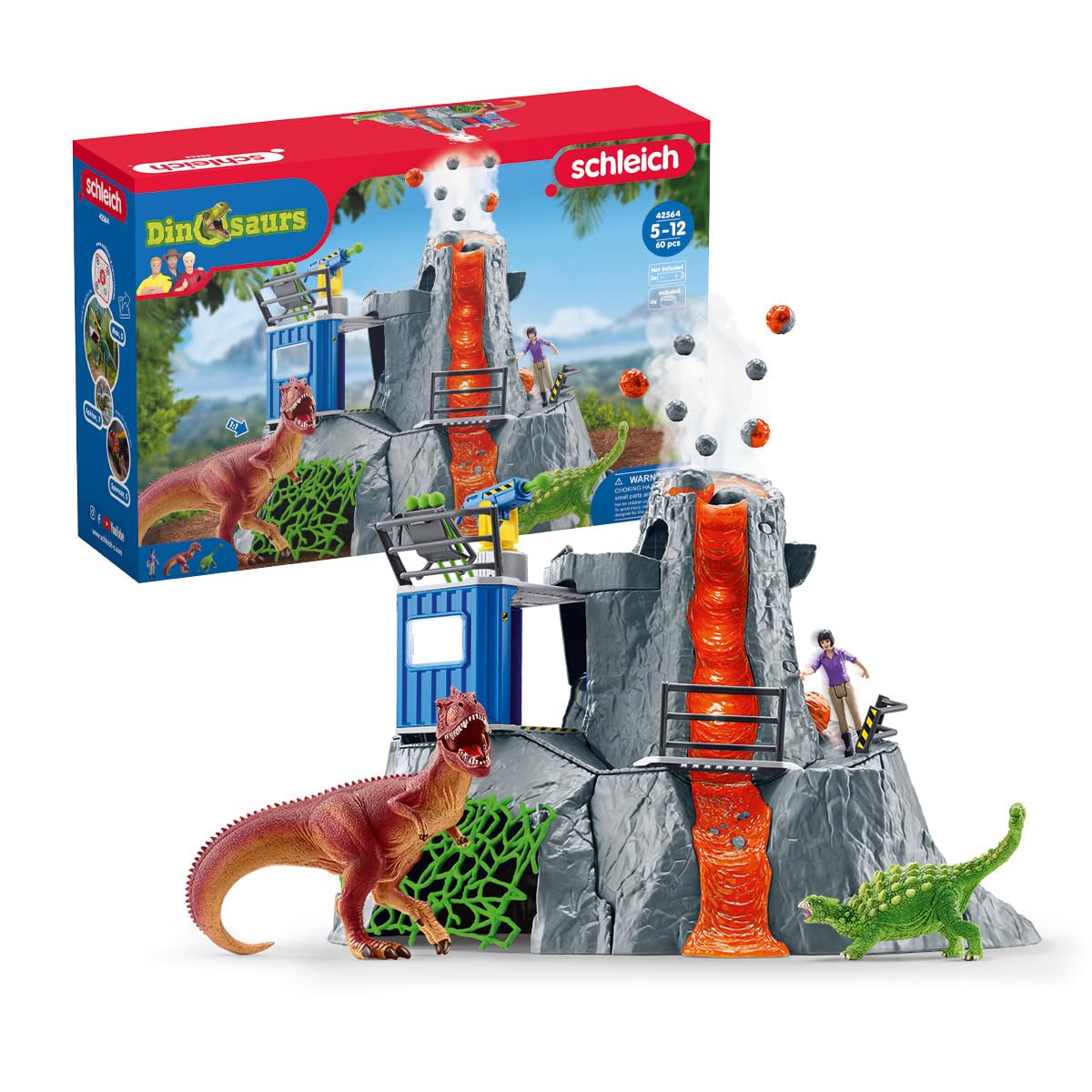 Schleich Dinosaurs 42564 — Set Campamento Base de Expedición con Dinosaurios de Juguetes — Incluye Volcán en Erupción LED, Exploradores y 2 Figuras de Dinosaurios — Juguetes para Niños 5 Años o Más