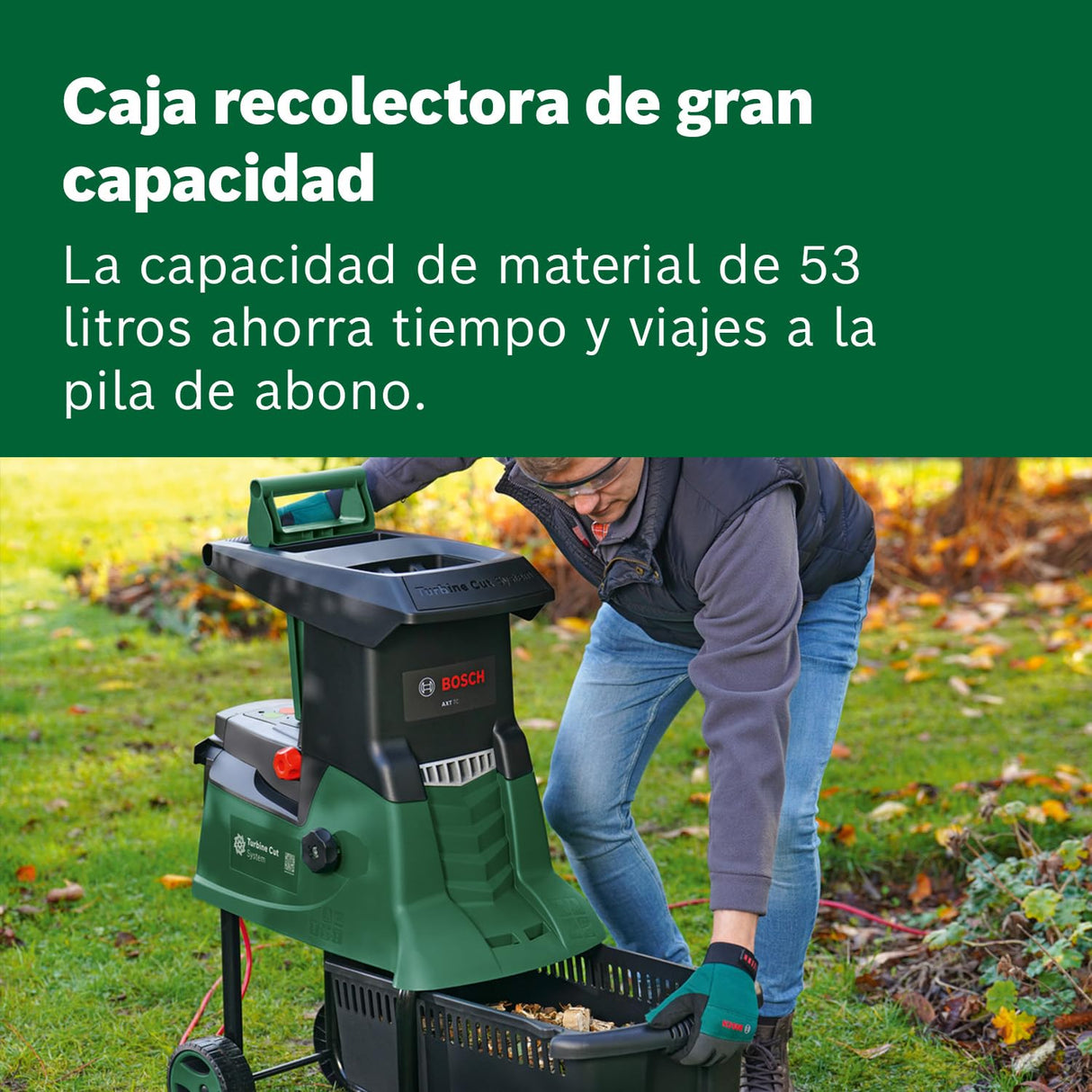 Bosch Home and Garden desmenuzadora de jardín con turbina AXT 25 TC (2500 W; apta para madera y residuos duros jardín; incluye guantes caja recogida integrada 53 L; en embalaje cartón)
