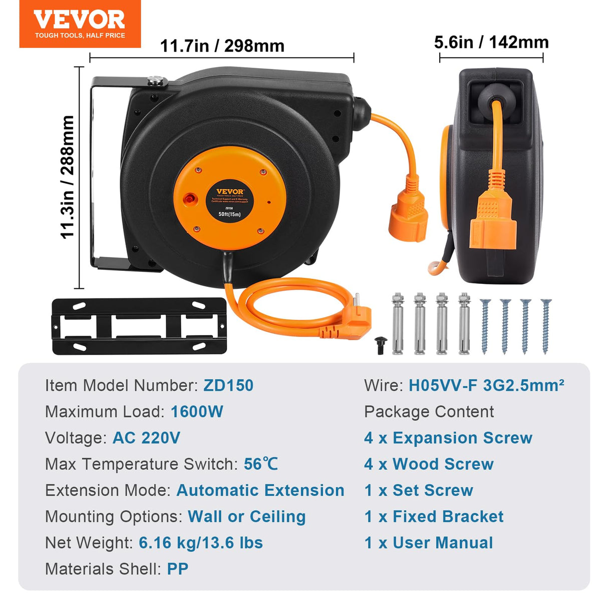 VEVOR Carrete de Cable de Extensión Retráctil 15 m 1600 W con Cable de Alimentación de 1 m Protección contra Sobrecalentamiento Carcasa de PP, Soporte Giratorio de 180° para Montaje en Techo, Pared