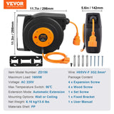 VEVOR Carrete de Cable de Extensión Retráctil 15 m 1600 W con Cable de Alimentación de 1 m Protección contra Sobrecalentamiento Carcasa de PP, Soporte Giratorio de 180° para Montaje en Techo, Pared