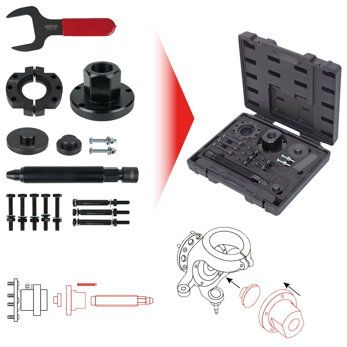 KS Tools 150.2370 Juego de herramientas para rodamientos de rueda de Ford Transit, 17 pzs