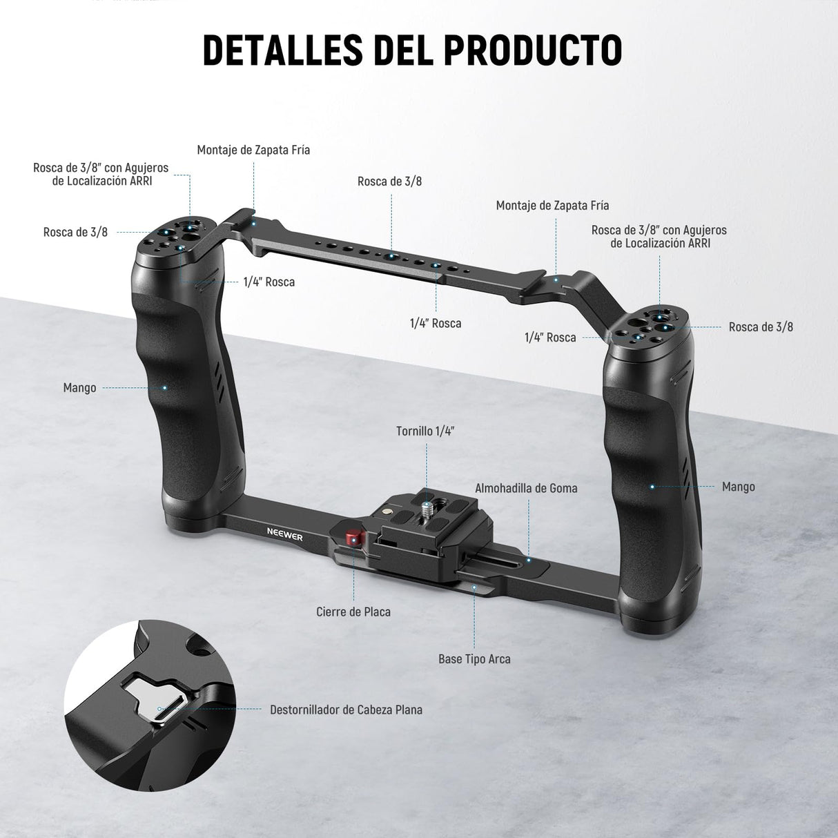 NEEWER Jaula Cámara Video Rig con Placa Liberación Rápida Arca, Empuñadura Dual, Roscas ARRI 3/8" y 1/4", Zapata Fría, Cage Estabilizador Universal Compatible con SmallRig NEEWER Placa Base, CA077