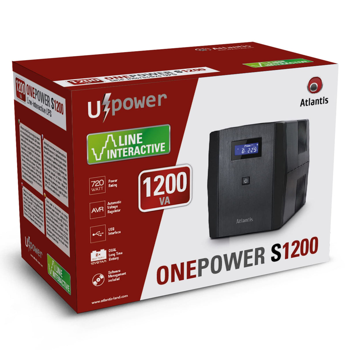 Atlantis OnePower 1200, UPS Line Interactive 1200VA/700W, AVR, Onda Pseudosinusoidal, 3 Tomas IEC+2 enchufes Schuko, 2 Pilas 12 V 7Ah