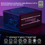 SPYCO - Fuente de Alimentación Gaming 1000 W, 80 Plus Platinum, Totalmente Modular, Ventilador Silencioso, Condensadores Japoneses 105°C, Puerto PCIe 5.0, Negro