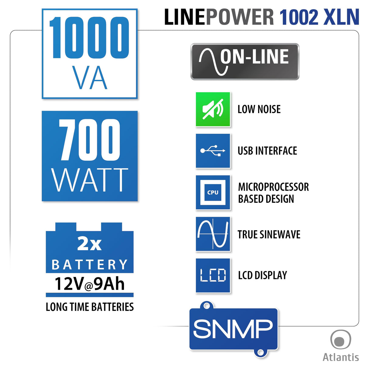 Atlantis A03-OP1002XLN Online 88% Quieter Server UPS Double Conversion Pure Sine Wave 1000VA 700W, Low Noise Fan Gelid 23,6 dBA, USB,2 Schuko + 1 IEC, 2x12V-9Ah