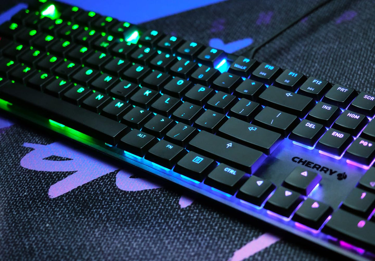 CHERRY MX 10.0N RGB, Teclado Gaming Mecánico Plano, Distribución de Teclado Suizo (QWERTZ), con Cable, Switches Originales CHERRY MX LOW PROFILE RGB SPEED, Negro