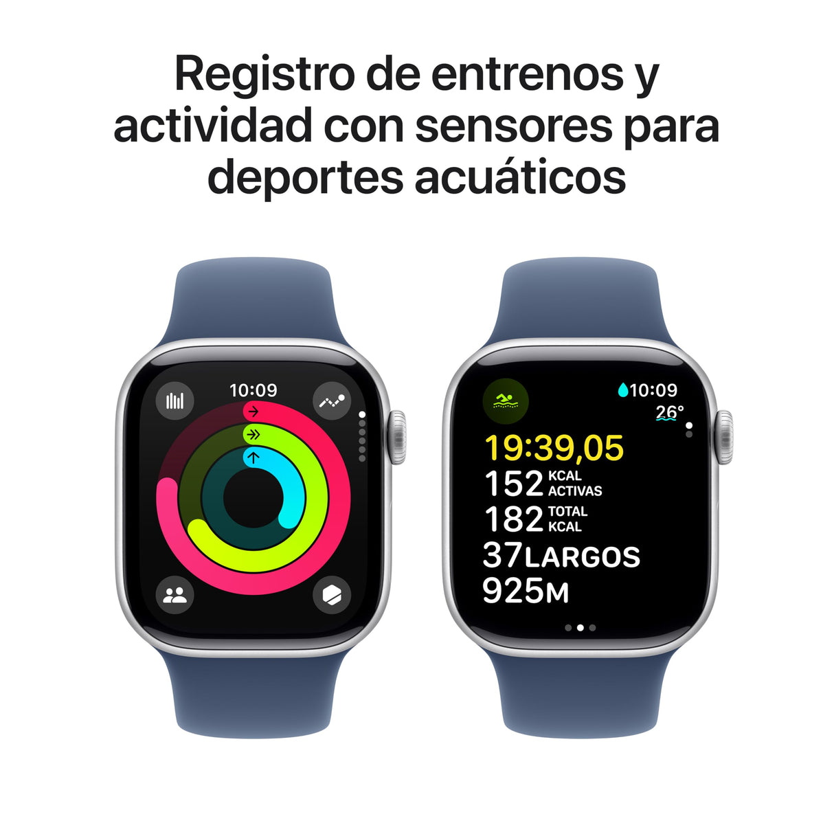Apple Watch Series 10 GPS + Cellular Smartwatch con Caja de Aluminio Plata de 42 mm y Correa Deportiva Azul Denim - Talla M/L. Monitor de entreno, App ECG, Pantalla Retina Siempre Activa