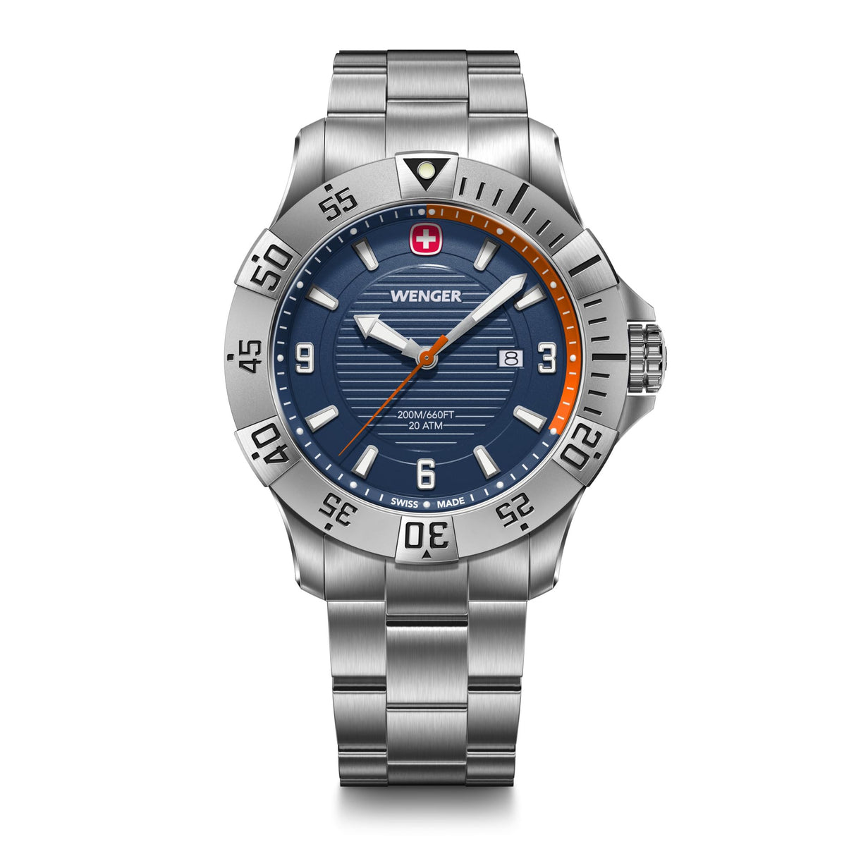 Wenger Reloj de Hombre Seaforce Analógico Quarz, Ø 43 mm, Swiss Made, Resistente al Agua hasta 200 m, Naranja/Azul, Correa de Acero Plata, 01.0641.141