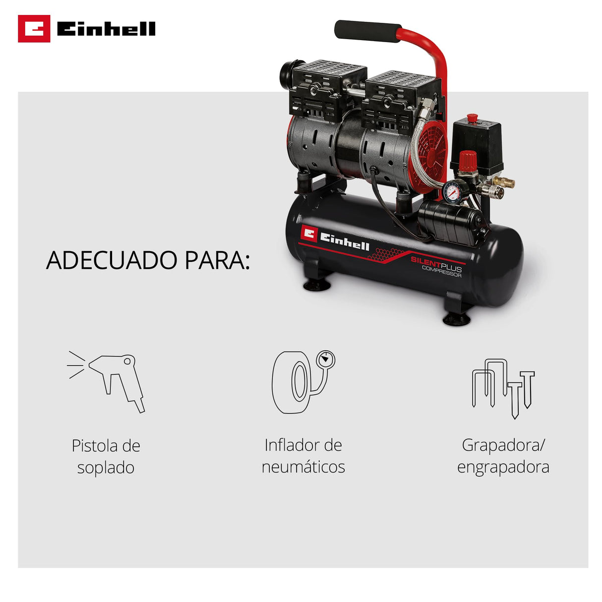 Einhell Compresor TE-AC 6 Silent (compresor silencioso con 550 W, máx. 8 bar, motor exento de aceite y servicio, depósito de 6 l, manómetro y acoplamiento rápido, válvula de seguridad)